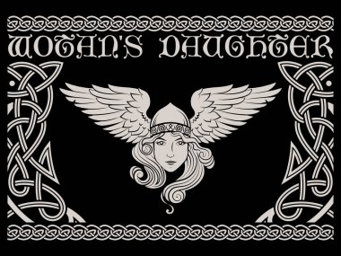 Viking, İskandinav tasarımı. Kanatlı kasklı Valkyrie. Valkyrie 'nin resmi, İskandinav mitolojisinden bir kadın savaşçı.