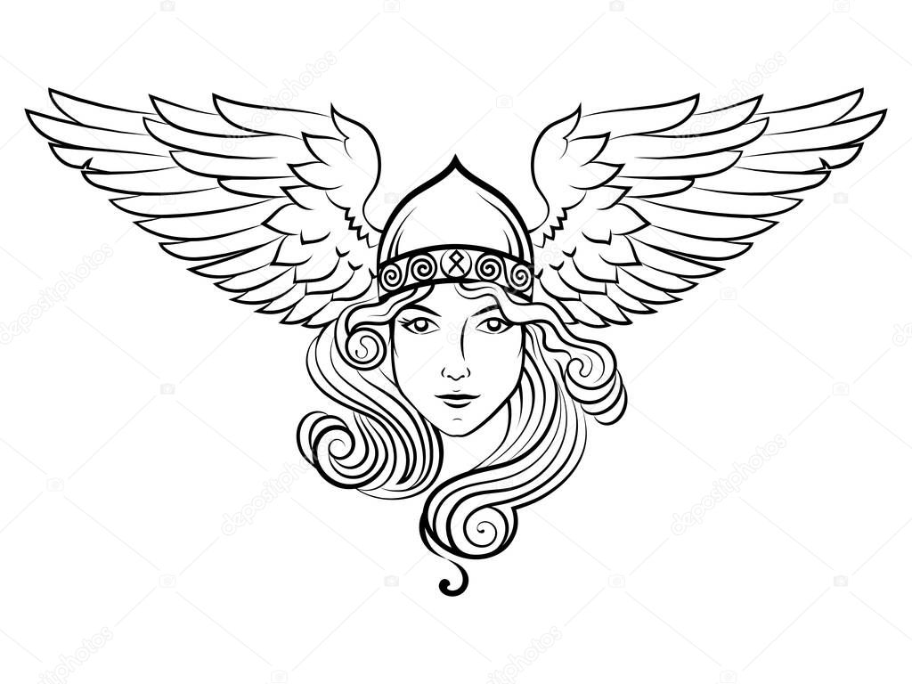 Viking, Scandinavian design. Valkyrie in a winged helmet. Image of Valkyrie, a woman warrior from Scandinavian mythology