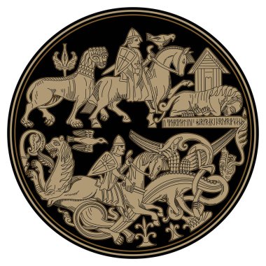 İskandinav Viking tasarımı. Viking süvarileri efsanevi hayvanlarla savaşır. Aslanlar ve ejderhalar.