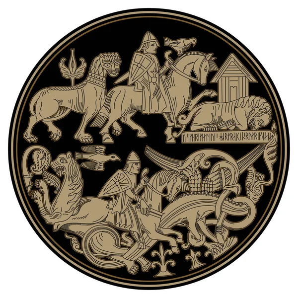 Design vichingo scandinavo. Cavalieri vichinghi combattono animali mitici - leoni e draghi — Vettoriale Stock