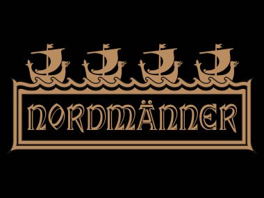 İskandinav Viking tasarımı. Antik Kelt İskandinav tarzında çerçevelenmiş Viking gemileri ve yazıtları - Kuzeyli