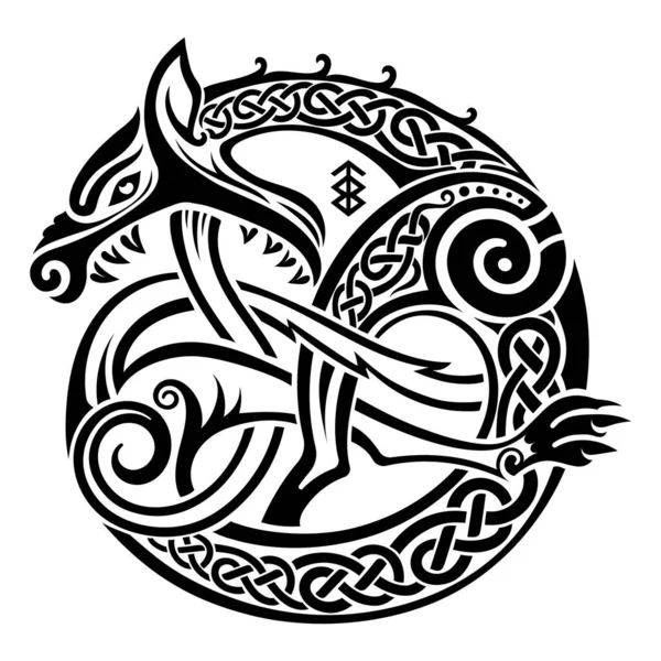 स्कैंडिनेवियाई वाइकिंग डिजाइन। एक पौराणिक जानवर का चित्रण सेल्टिक स्कैंडिनेवियाई शैली में फेनिर वुल्फ — स्टॉक वेक्टर