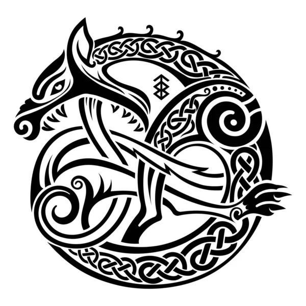 İskandinav Viking tasarımı. Mitolojik bir canavarın tasviri - Fenrir Wolf Kelt İskandinav tarzında