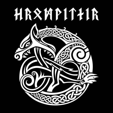 İskandinav Viking tasarımı. Mitolojik canavar Fenrir Wolf Kelt İskandinav tarzı ve antik İskandinav mührü Dire Wolf