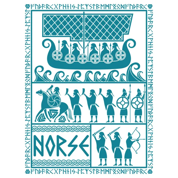 Scandinavian Viking design, God Oden på en krigshäst, bärsärkarnas krigare och fornnordiska prydnad med runor — Stock vektor