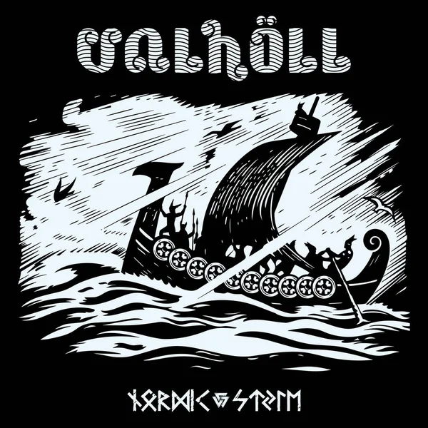 Skandinavisk vikingateknik. Viking krigsfartyg i ett stormigt hav och Valhall inskriptionen — Stock vektor