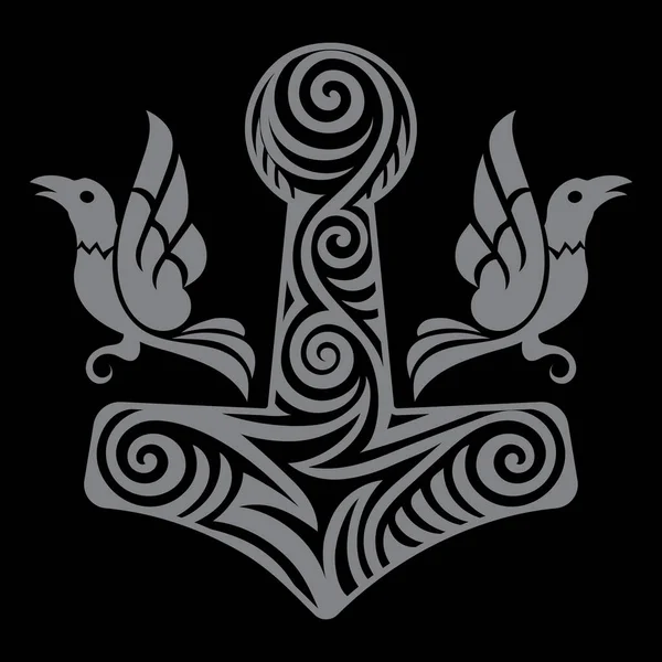 Скандинавский дизайн викингов. Торс молот - Мьёльнир, скандинавский орнамент и два ворона — стоковый вектор