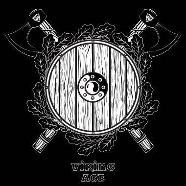 İki çapraz savaş Viking baltası, Viking kalkanı ve meşe yaprağı çelengi.