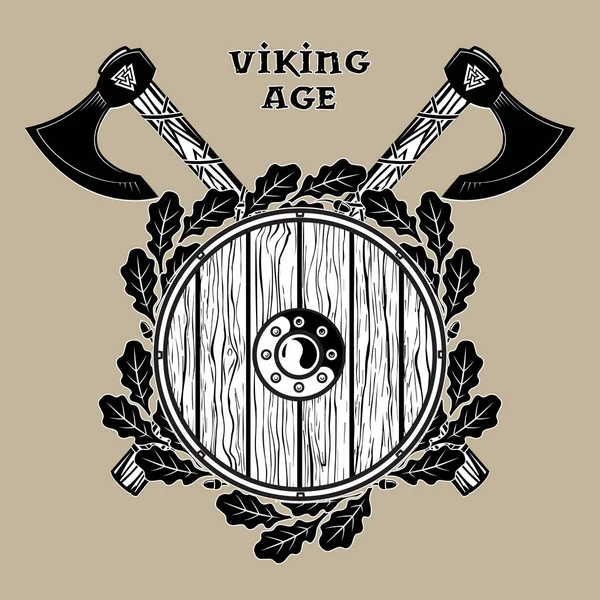 Dos hachas vikingas cruzadas de batalla, escudo vikingo y corona de hojas de roble — Archivo Imágenes Vectoriales