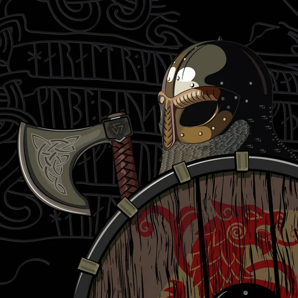 Guerrero Bárbaro, Vikingo Berserker con hacha y escudo — Vector de stock