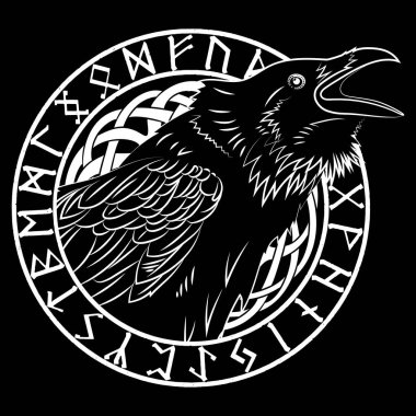 Cawing black crows, in a circle of Scandinavian runes, carved into stone clipart