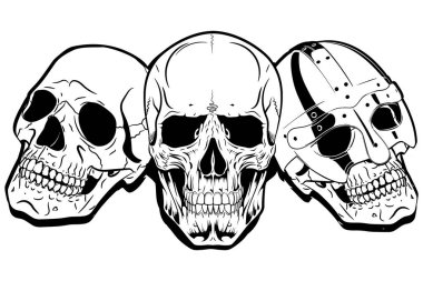 Ragnarok Viking tasarımı. Beyaz üzerine izole edilmiş üç Viking kafatası, vektör çizimi