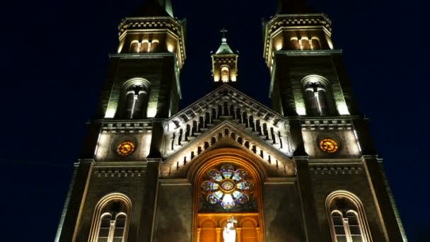 Vista con varie luci notturne della cattedrale romano-cattolica Millenium, Timisoara, Romania — Video Stock