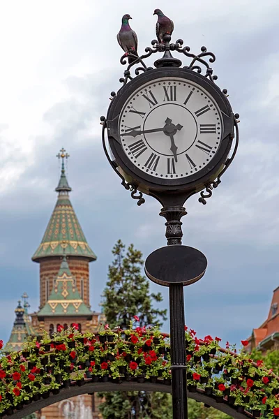 Vintage-Uhren, orthodoxe Kathedrale und Dekoration mit Blumen — Stockfoto