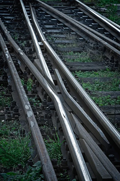 Trilhas ferroviárias em fundo preto com grama — Fotografia de Stock