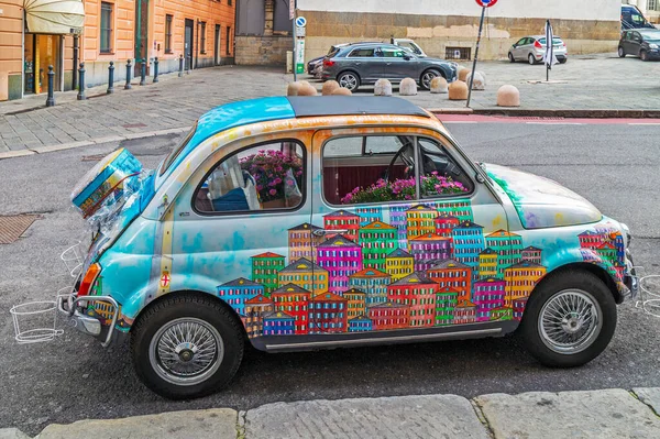 Genoa Italy March 2021 Small Cheerful Car Funny Decorated Used — Stock Photo, Image