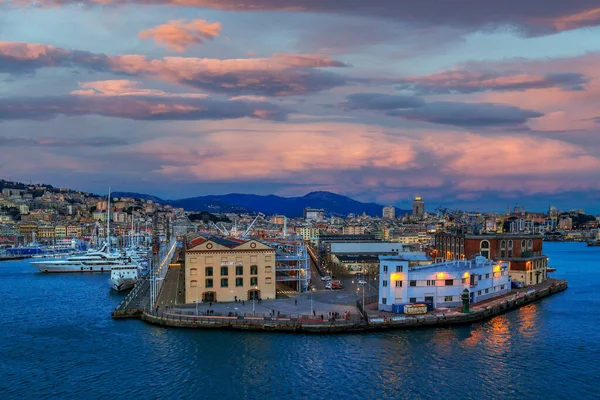 Genoa Italien Mars 2021 Genuas Hamn Kvällen Med Båtar Yachter — Stockfoto