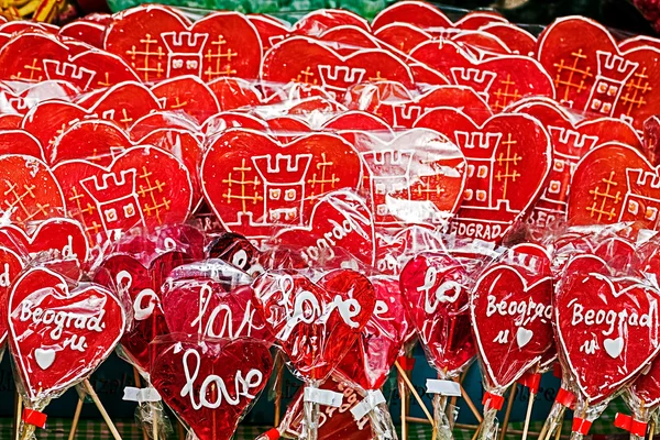 Colorful lollipops symbolizing hearts with Belgrade — Stock Photo, Image