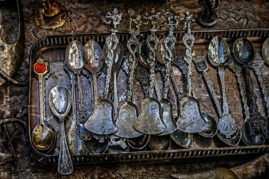 Eski gümüş çay kaşığı ile eski fotoğraf