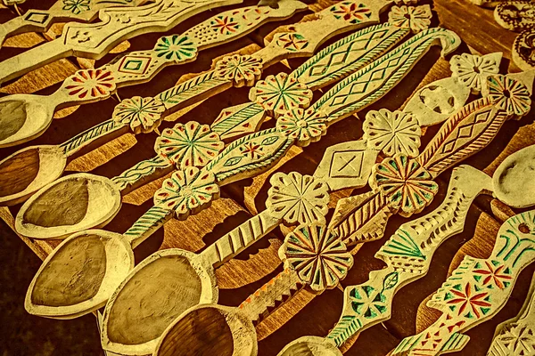 Old photo with romanian wooden spoons carved 1 — Stock Photo, Image