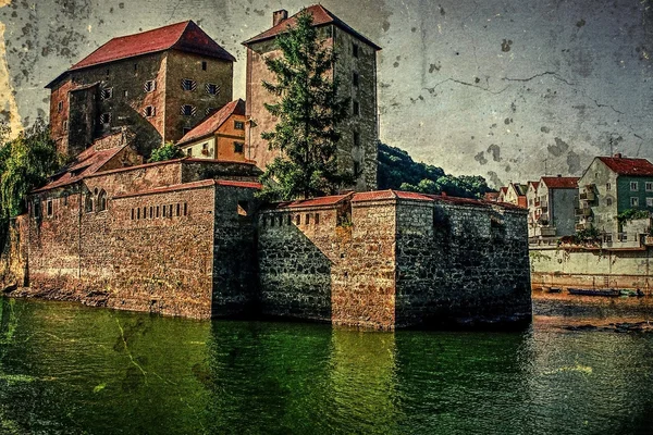 Gammalt foto av sammanfoga floderna Donau och Ilz — Stockfoto