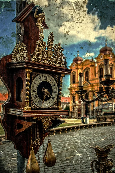 Old photo with old clock — Stock Photo, Image