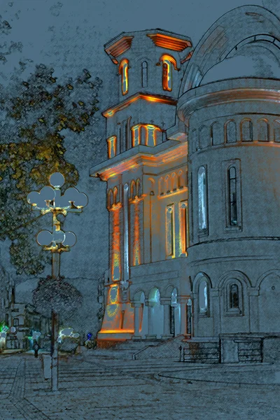 Église orthodoxe à Caransebes, Roumanie, illuminée la nuit — Photo