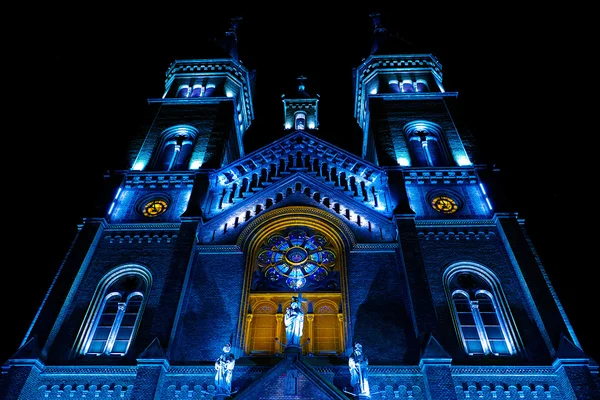 Various night lighting of the Cathedral Millenium from Timisoara — Stock Photo, Image