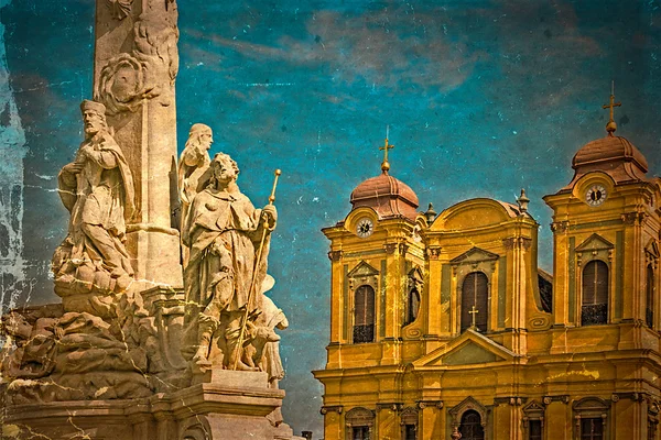 Vecchia cartolina con cupola tedesca e statua della Santissima Trinità. Timisoara — Foto Stock