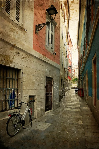 Old postcard with one small street in Trieste, Italy 1 — Stock Photo, Image