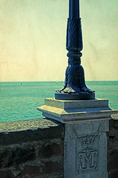 Old postcard with sea view from Miramare castle ramparts — Stockfoto