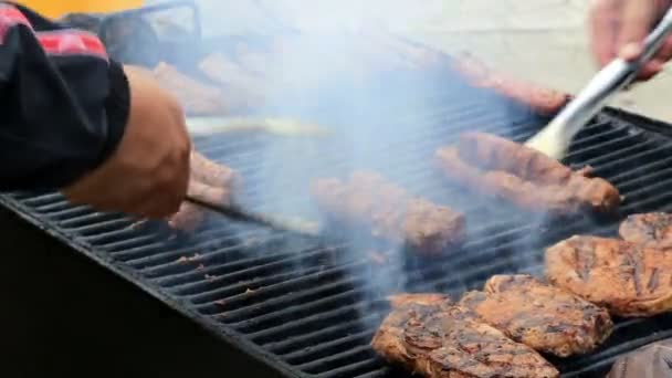 Roemeense worstjes (mici), varkensvlees en aubergine, gekookte barbecue — Stockvideo
