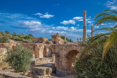 Antoninus Hamamları (Thermes d 'Antonin) arkeolojik alanın iç kısımları. Afrika 'da inşa edilen en büyük Roma hamamı, İmparator Antoninus Pius yönetimindeki MS 2. yüzyılın ortalarından kalma..