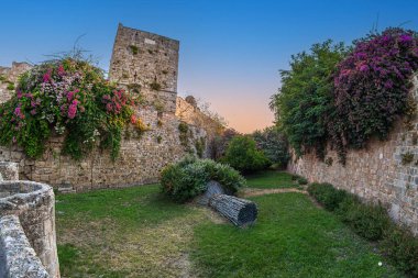 Çiçek süslemeli park, şehrin duvarlarında, eski Rodos şehrinin girişi olan Özgürlük Kapısı 'nın yanında. Rodos Adası, Yunanistan.