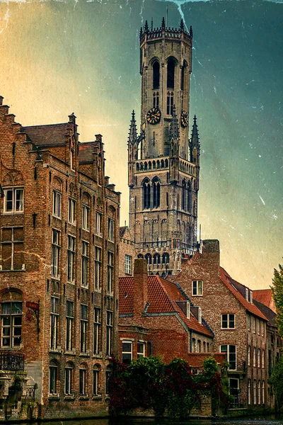 Old postcard with look belfry from the Rozenhoedkaai, Historic C — Stock Photo, Image