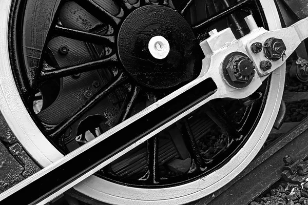 Black and white detail and close up of huge wheels at one old st — Stock Photo, Image
