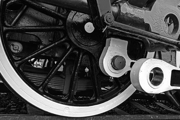 Black and white detail and close up of huge wheels at one old st — Stock Photo, Image