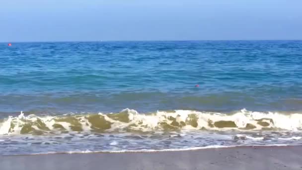 Bóias vermelhas balançando nas ondas no mar azul — Vídeo de Stock
