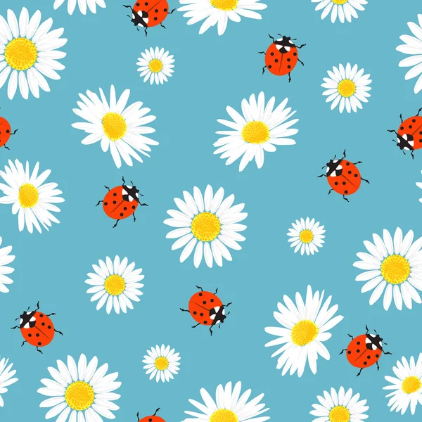 Seamless pattern with the flowers of chamomile and ladybugs — Stock Vector