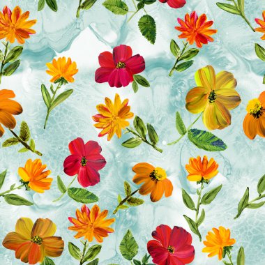 Seamless pattern abstract red and yellow  flowers, art painting, creative hand painted background, brush texture, acrylic painting. Modern art. Contemporary art. clipart