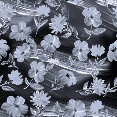 Siyah ve beyaz desensiz desenler soyut çiçekler, sanat resimleri, yaratıcı el boyası arka plan, fırça dokusu, akrilik resim. Modern sanat. Çağdaş sanat.