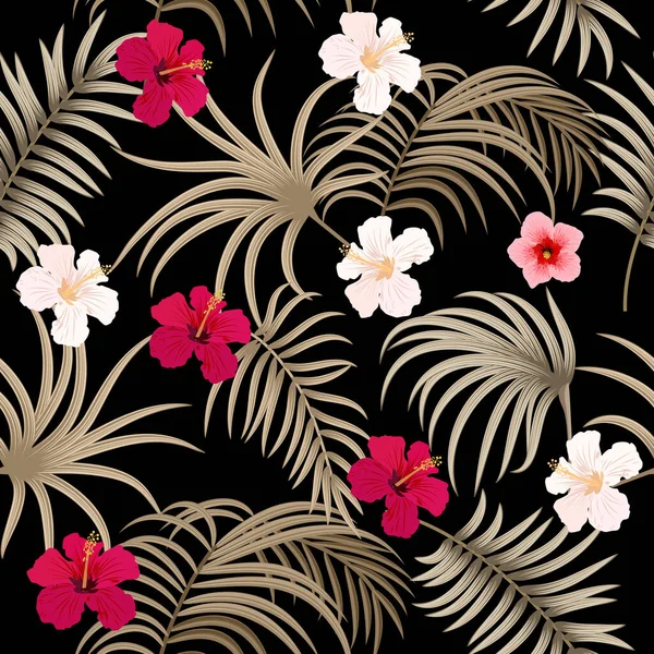 Patrón Sin Costura Vector Tropical Con Hojas Palmera Flores Fondo — Archivo Imágenes Vectoriales