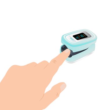 Pulse Oximeter on finger. Blood Oxygen Saturation Level Monitor with Heart Rate Detection, medical device icon, isolated on white background. Health care icon for blood saturation test. Vector illustration. clipart