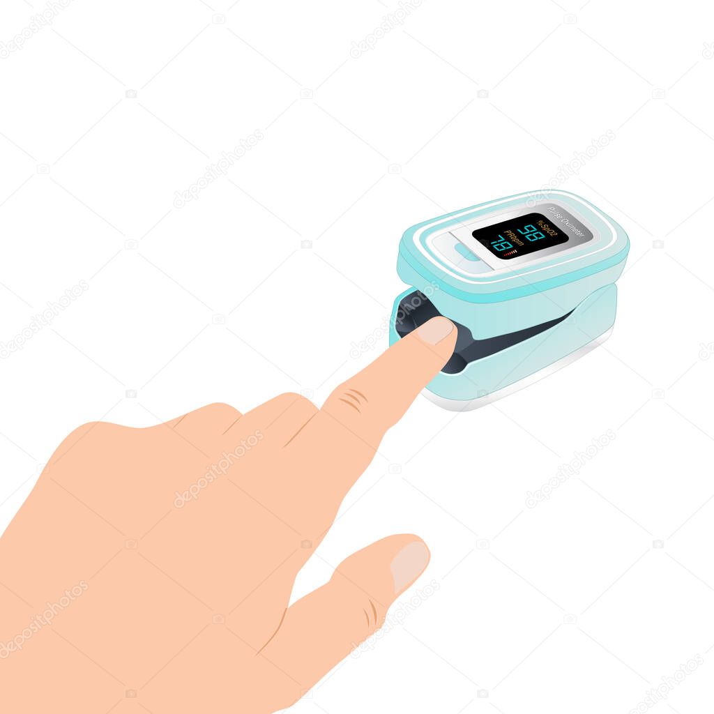 Pulse Oximeter on finger. Blood Oxygen Saturation Level Monitor with Heart Rate Detection, medical device icon, isolated on white background. Health care icon for blood saturation test. Vector illustration.