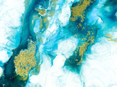 Altın yaldızlı, yaratıcı, soyut el boyalı arka plan, mermer dokular, soyut okyanus, tuvaldeki akrilik resim. Modern sanat. Çağdaş sanat.