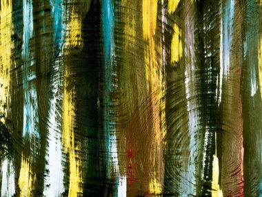 Renkli parlak çizgiler, siyah renkte fırça darbeleri, soyut el boyası arka plan, tuvalde akrilik boya. Modern sanat. Çağdaş sanat.