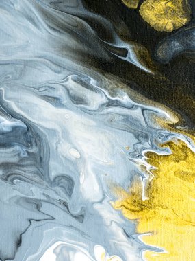 Altın sarısı, soyut el boyalı arka plan, mermer dokular, tuvalin üzerinde akrilik boya. Modern sanat. Çağdaş sanat.