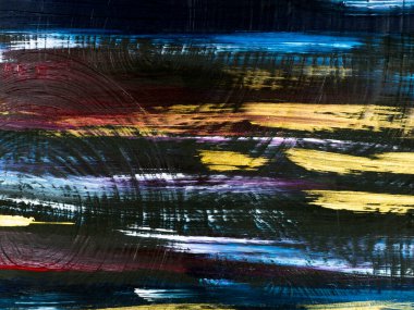 Renkli parlak çizgiler, siyah renkte fırça darbeleri, soyut el boyası arka plan, tuvalde akrilik boya. Modern sanat. Çağdaş sanat.