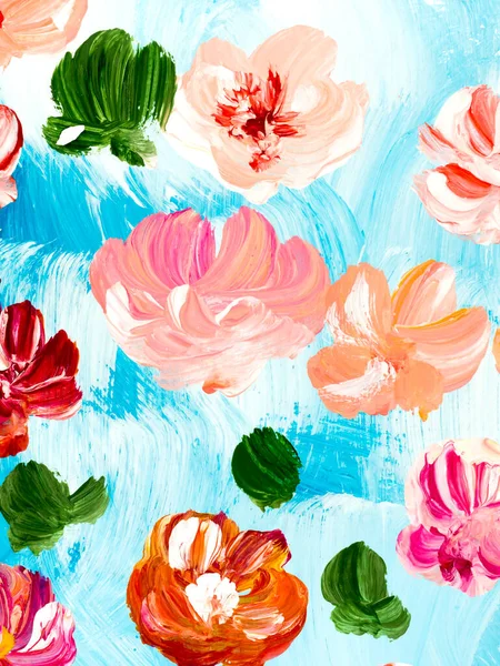 Abstrakte Rote Und Rosa Blumen Kunstmalerei Kreativer Handbemalter Hintergrund Pinselstruktur — Stockfoto