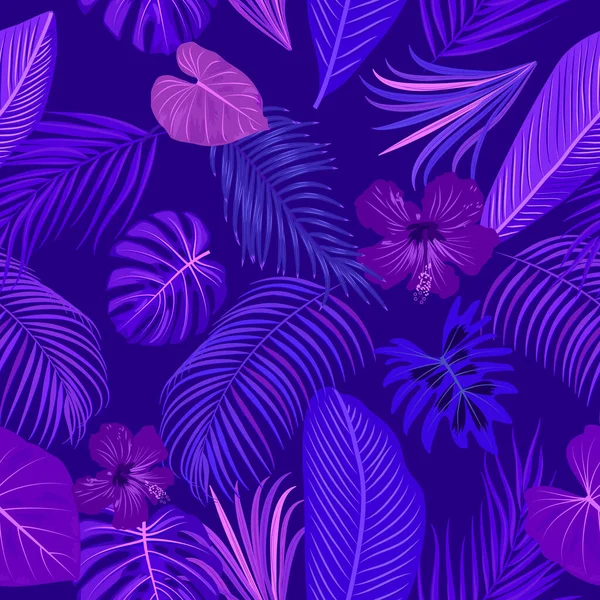 Seamless Pattern Violet Purple Tropical Leaves Monstera Flowers Jungle Leaves — Stock Vector